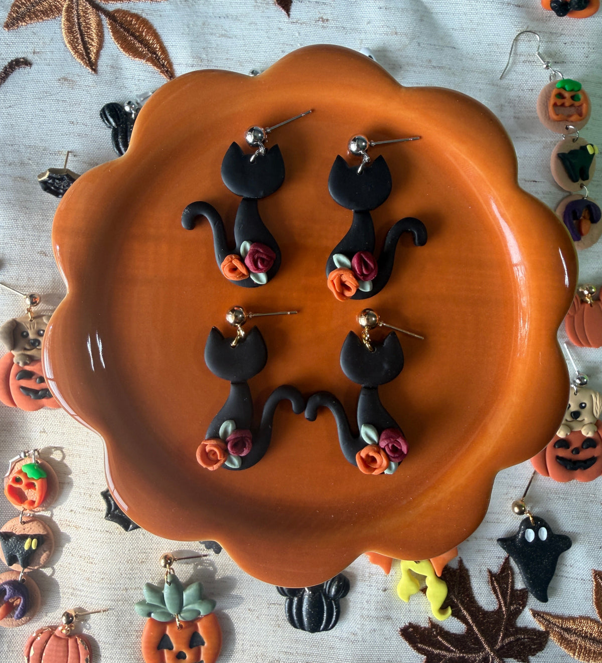Black Cat Floral Dangles