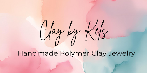 A digital graphic banner with a pastel watercolor background in pink, peach, and light blue. The text reads 'Clay by Kels' in a black cursive font, and 'Handmade Polymer Clay Jewelry' in a black serif font below it.