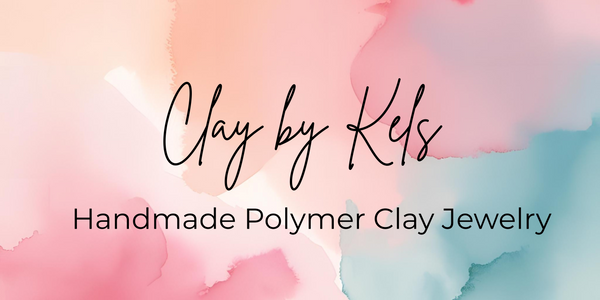 A digital graphic banner with a pastel watercolor background in pink, peach, and light blue. The text reads 'Clay by Kels' in a black cursive font, and 'Handmade Polymer Clay Jewelry' in a black serif font below it.